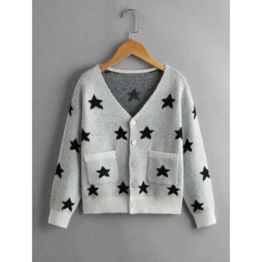 GIRLS Light Gray  Dual Pocket Star Print Cardigan US 9-10Y